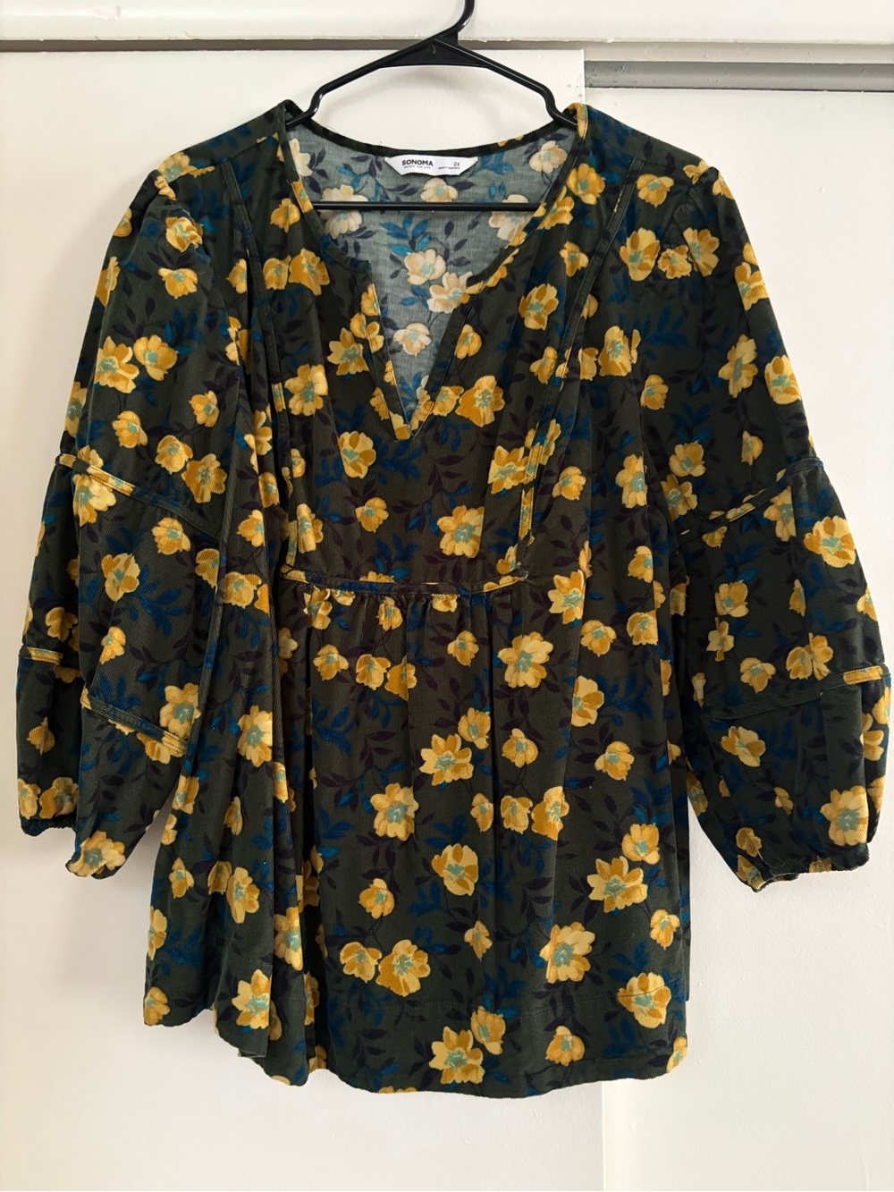 Sonoma Green Floral V-Neck Corduroy Blouse